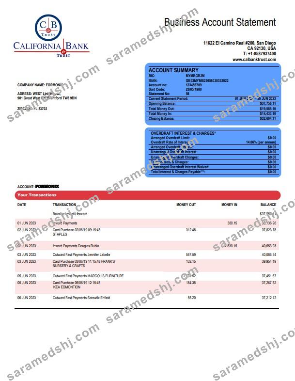 California Bank & Trust organization checking account statement Word and PDF template